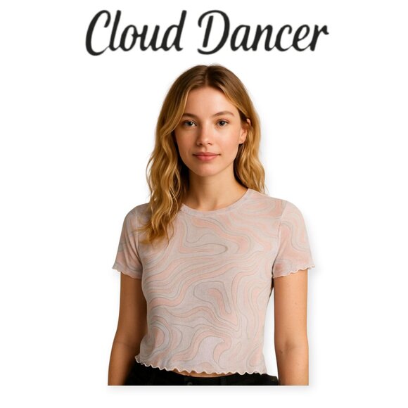 Y2K Mesh Patterned Lettuce-Trim Tee by Cloud Dancer, Medium - Picture 1 of 8